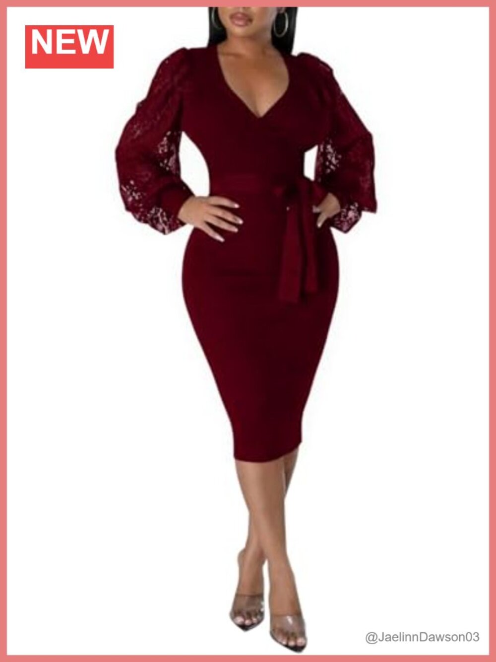 Bishop Sleeve V Neck Sheath Midi Dress for Work Business Casual